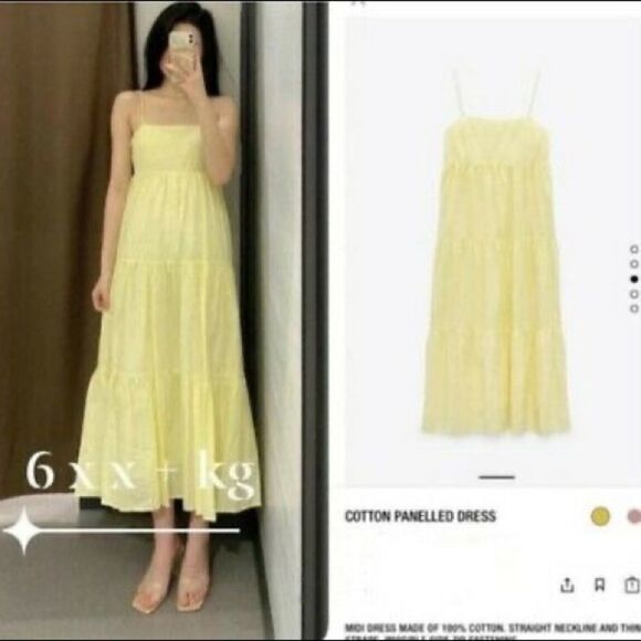 ZARA Cotton Sleeveless Tiered Midi Dress Yellow M - Picture 2 of 15